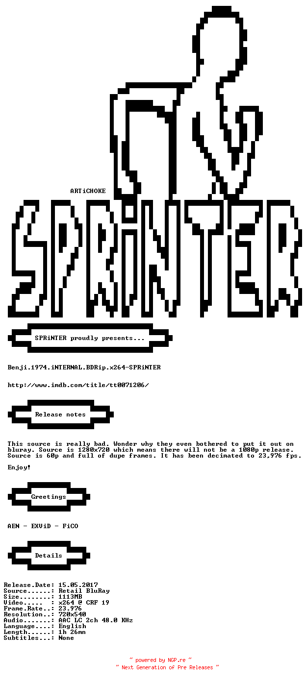 NFO for the release Benji.1974.iNTERNAL.BDRip.x264-SPRiNTER by SPRiNTER