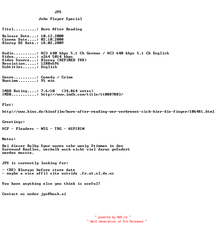 NFO for the release Burn.After.Reading.2008.German.AC3D.DL.720p.BluRay.x264-JPS by JPS