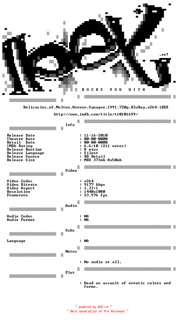 NFO for the release Delicacies.of.Molten.Horror.Synapse.1991.720p.BluRay.x264-iBEX by iBEX
