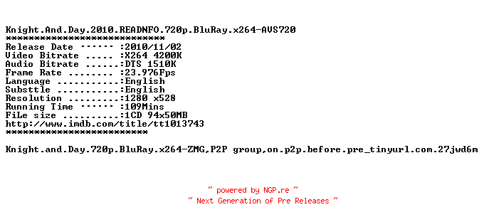NFO for the release Knight.And.Day.2010.READNFO.720p.BluRay.x264-AVS720 by AVS720