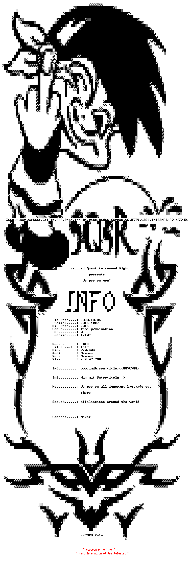 NFO for the release Zoom.-.Der.weisse.Delfin.E25.Papa.Tanuka.geht.baden.German.WS.HDTV.x264.iNTERNAL-SQUiZZiEs by SQUiZZiEs