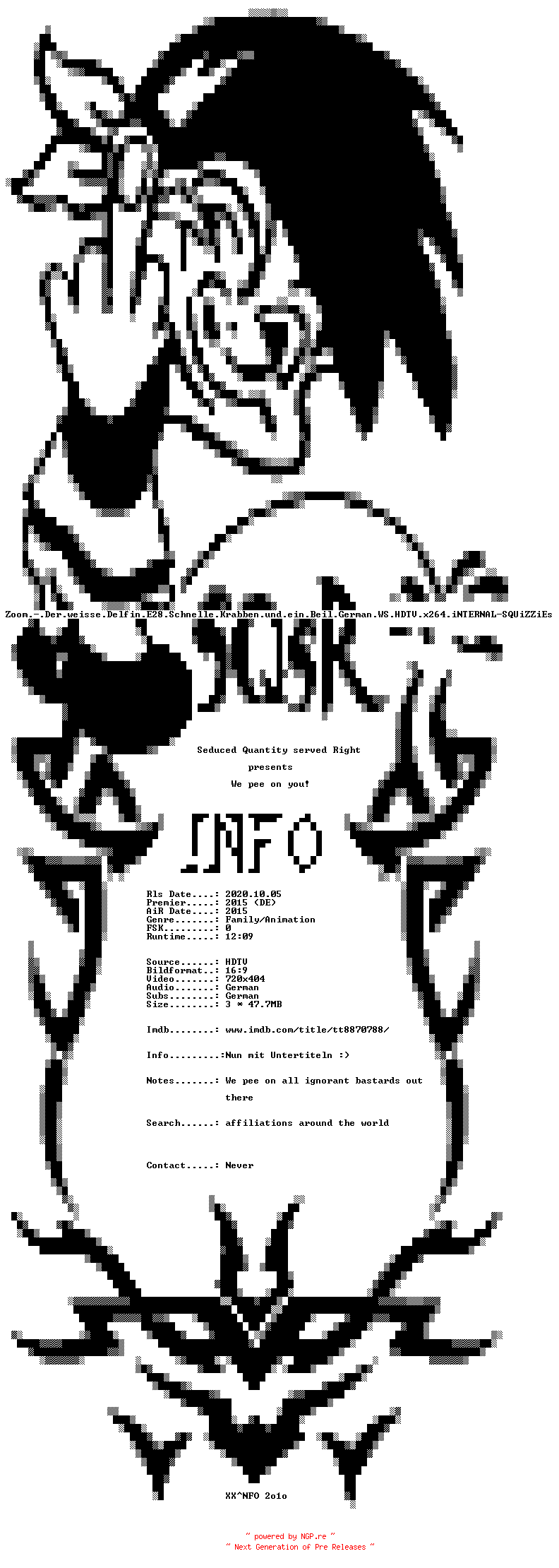 NFO for the release Zoom.-.Der.weisse.Delfin.E28.Schnelle.Krabben.und.ein.Beil.German.WS.HDTV.x264.iNTERNAL-SQUiZZiEs by SQUiZZiEs