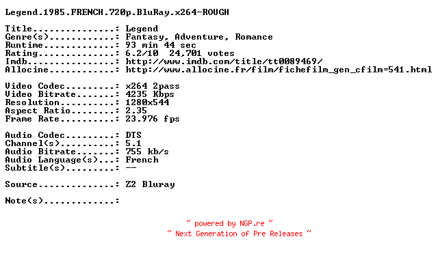 NFO for the release Legend.1985.FRENCH.720p.BluRay.x264-ROUGH by ROUGH