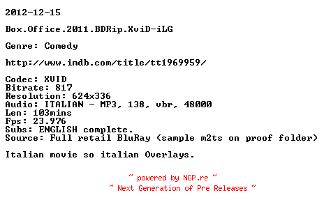 NFO for the release Box.Office.2011.BDRip.XviD-iLG by iLG