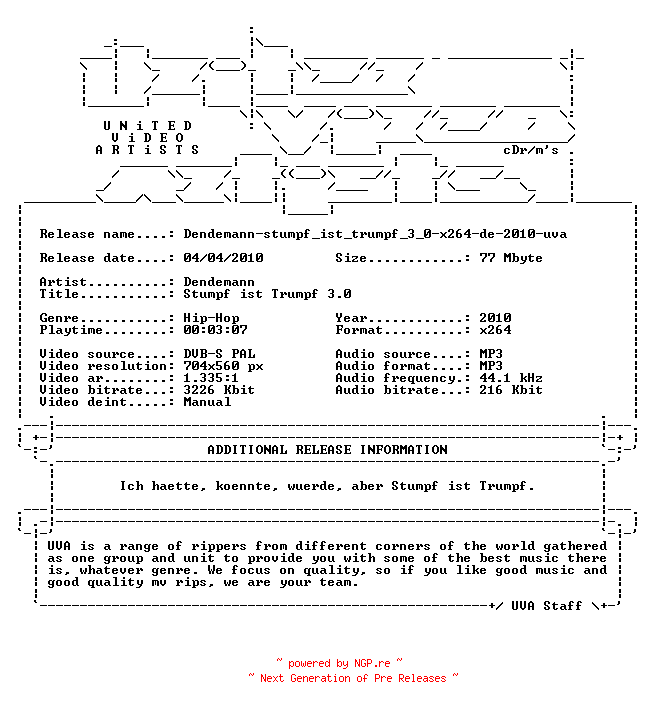 NFO for the release Dendemann-stumpf_ist_trumpf_3_0-x264-de-2010-uva by uva