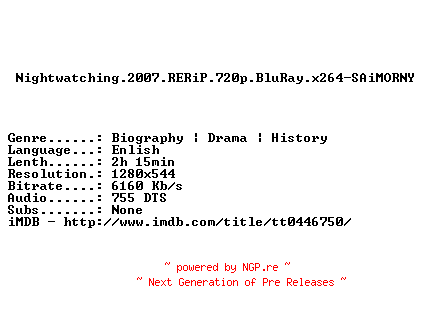 NFO for the release Nightwatching.2007.RERiP.720p.BluRay.x264-SAiMORNY by SAiMORNY