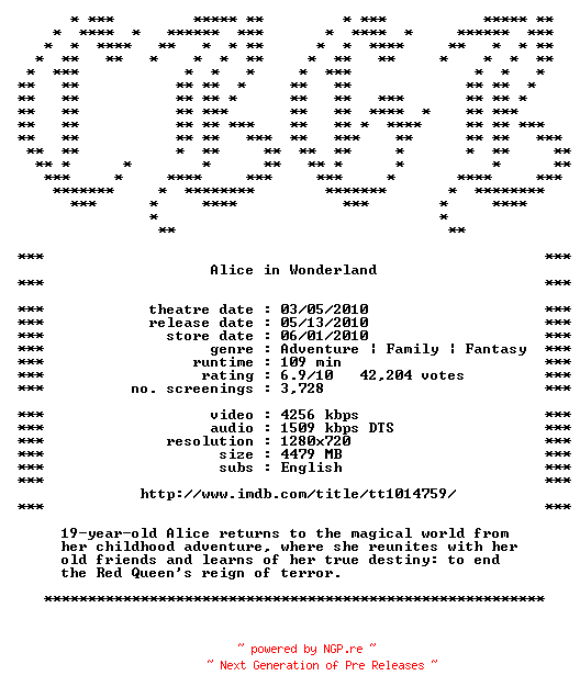 NFO for the release Alice.in.Wonderland.720p.Bluray.x264-CBGB by CBGB