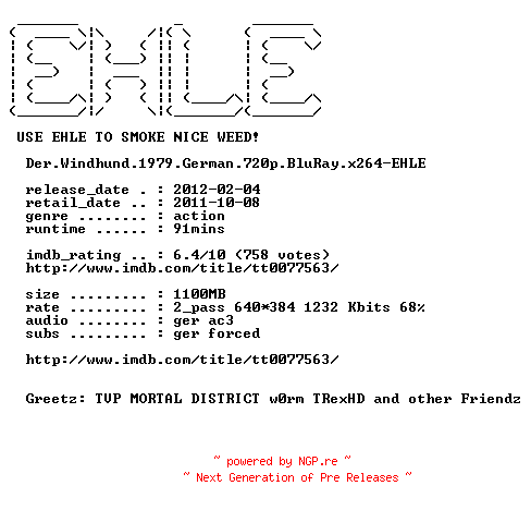 NFO for the release Der.Windhund.German.1979.AC3.BDRiP.XviD-EHLE by EHLE