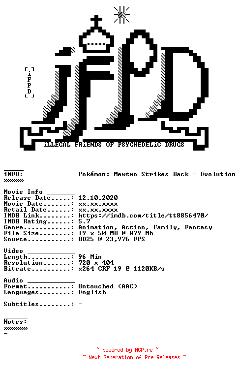 NFO for the release Pokemon.Mewtwo.Strikes.Back.Evolution.2019.BDRiP.x264-iFPD by iFPD