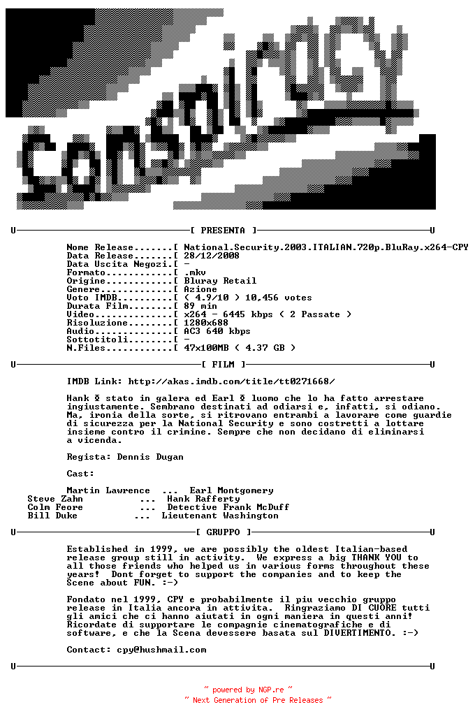 NFO for the release National.Security.2003.ITALIAN.720p.BluRay.x264-CPY by CPY