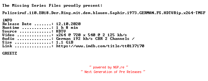 NFO for the release Polizeiruf.110.E018.Der.Ring.mit.dem.blauen.Saphir.1973.GERMAN.FS.HDTVRip.x264-TMSF by TMSF