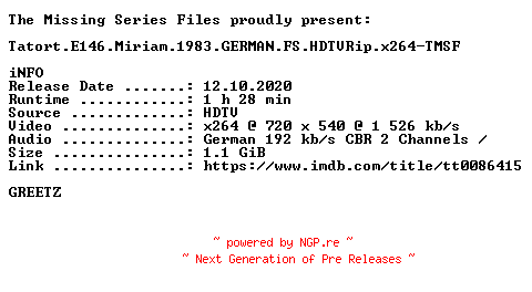 NFO for the release Tatort.E146.Miriam.1983.GERMAN.FS.HDTVRip.x264-TMSF by TMSF