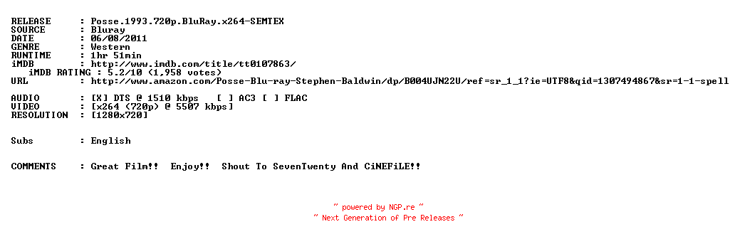 NFO for the release Posse.1993.720p.BluRay.x264-SEMTEX by SEMTEX