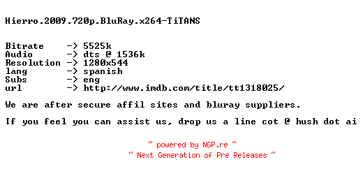 NFO for the release Hierro.2009.720p.BluRay.x264-TiTANS by TiTANS