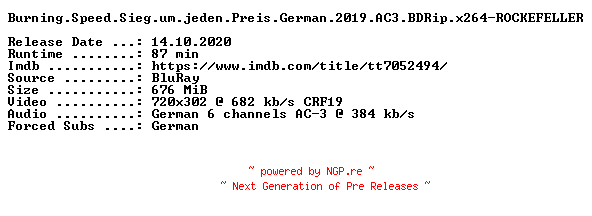 NFO for the release Burning.Speed.Sieg.um.jeden.Preis.German.2019.AC3.BDRip.x264-ROCKEFELLER by ROCKEFELLER