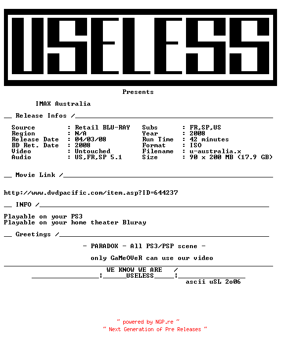 NFO for the release IMAX.Australia.MULTI.BLURAY-USELESS by USELESS