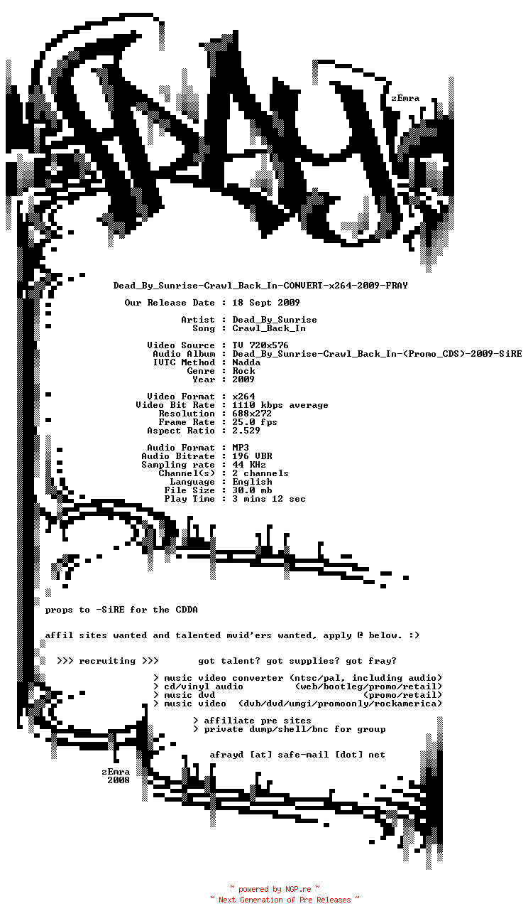 NFO for the release Dead_By_Sunrise-Crawl_Back_In-CONVERT-x264-2009-FRAY by FRAY