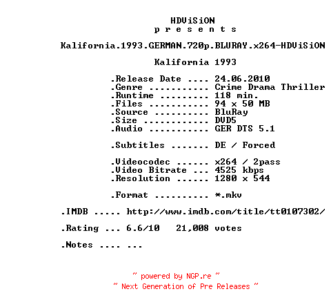 NFO for the release Kalifornia.1993.GERMAN.720p.BLURAY.x264-HDViSiON by HDViSiON