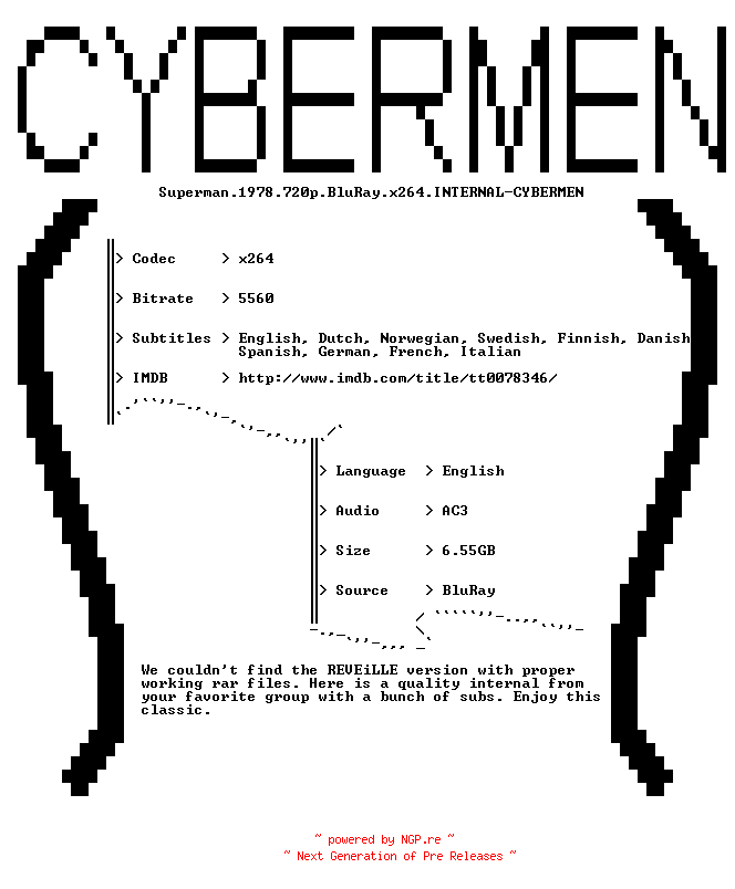 NFO for the release Superman.1978.720p.BluRay.x264.INTERNAL-CYBERMEN by CYBERMEN