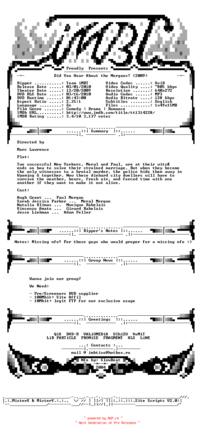 NFO for the release Did.You.Hear.About.The.Morgans.2009.NFO.FiX.BDRiP.XviD-iMBT by iMBT