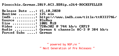 NFO for the release Pinocchio.German.2019.AC3.BDRip.x264-ROCKEFELLER by ROCKEFELLER