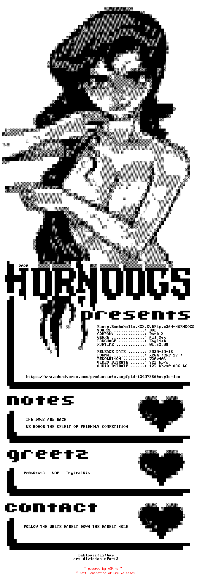 NFO for the release Busty.Bombshells.XXX.DVDRip.x264-HORNDOGS by HORNDOGS