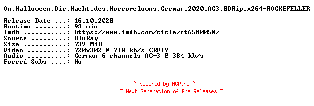 NFO for the release On.Halloween.Die.Nacht.des.Horrorclowns.German.2020.AC3.BDRip.x264-ROCKEFELLER by ROCKEFELLER