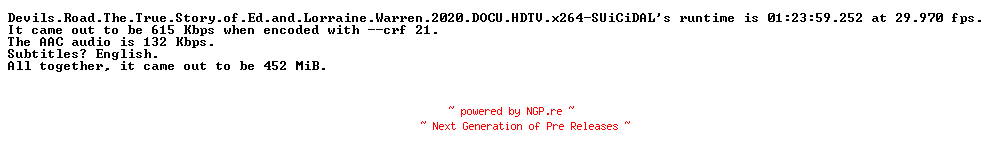 NFO for the release Devils.Road.The.True.Story.of.Ed.and.Lorraine.Warren.2020.DOCU.HDTV.x264-SUiCiDAL by SUiCiDAL