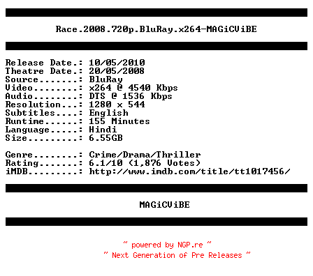 NFO for the release Race.2008.720p.BluRay.x264-MAGiCViBE by MAGiCViBE