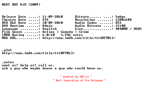 NFO for the release Next.Day.Air.2009.720p.BluRay.x264-BRiGHT by BRiGHT