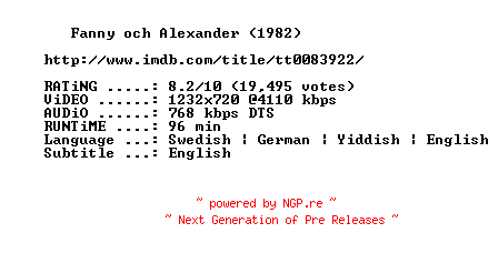 NFO for the release Fanny.and.Alexander.1982.Television.Version.PART1.720p.BluRay.x264-MELiTE by MELiTE
