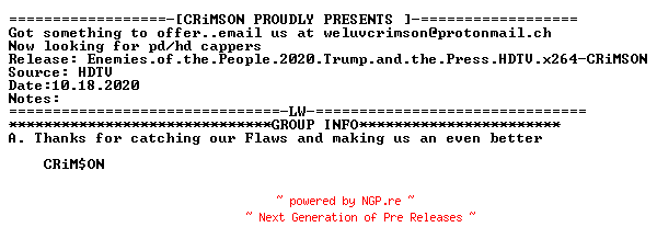 NFO for the release Enemies.of.the.People.2020.Trump.and.the.Press.HDTV.x264-CRiMSON by CRiMSON