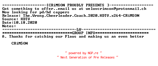 NFO for the release The.Wrong.Cheerleader.Coach.2020.HDTV.x264-CRiMSON by CRiMSON