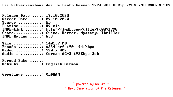 NFO for the release Das.Schreckenshaus.des.Dr.Death.German.1974.AC3.BDRip.x264.iNTERNAL-SPiCY by SPiCY