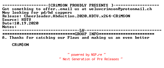NFO for the release Cheerleader.Abduction.2020.HDTV.x264-CRiMSON by CRiMSON