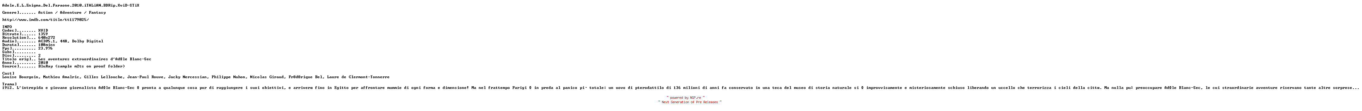 NFO for the release Adele.E.L.Enigma.Del.Faraone.2010.iTALiAN.BDRip.XviD-STiX by STiX