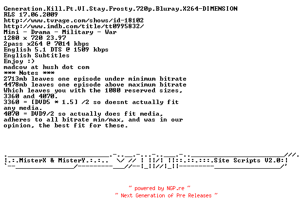 NFO for the release Generation.Kill.Pt.VI.Stay.Frosty.720p.Bluray.X264-DIMENSION by DIMENSION