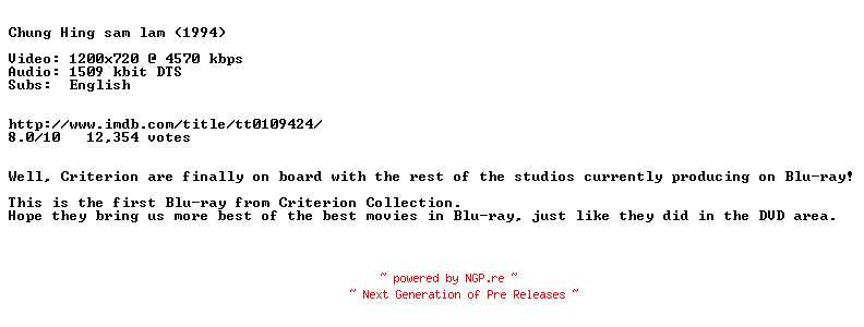 NFO for the release Chungking.Express.1994.720p.BluRay.x264-METiS by METiS