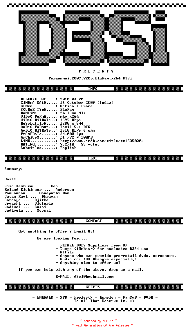 NFO for the release Peraanmai.2009.720p.BluRay.x264-D3Si by D3Si
