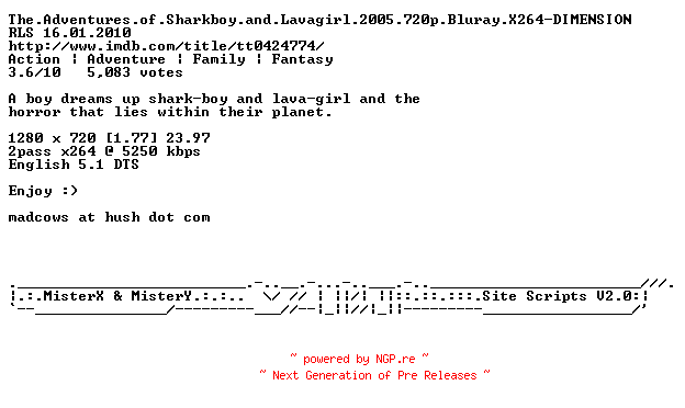 NFO for the release The.Adventures.of.Sharkboy.and.Lavagirl.2005.720p.Bluray.X264-DIMENSION by DIMENSION