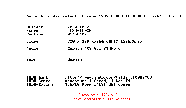 NFO for the release Zurueck.in.die.Zukunft.German.1985.REMASTERED.BDRiP.x264-DUPLiKAT by DUPLiKAT