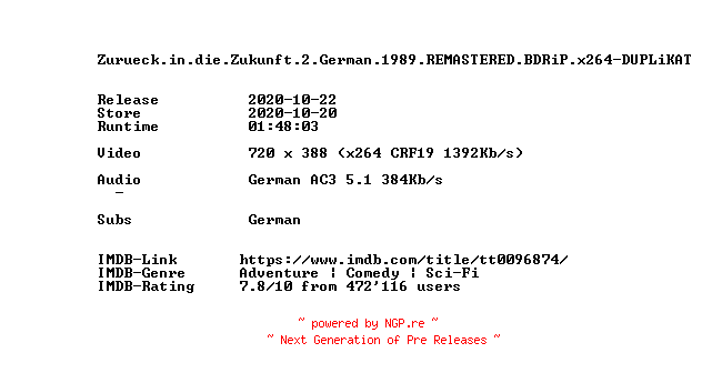 NFO for the release Zurueck.in.die.Zukunft.2.German.1989.REMASTERED.BDRiP.x264-DUPLiKAT by DUPLiKAT