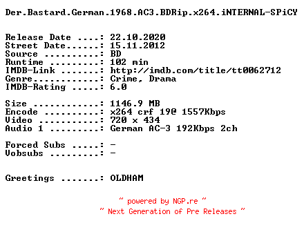 NFO for the release Der.Bastard.German.1968.AC3.BDRip.x264.iNTERNAL-SPiCY by SPiCY