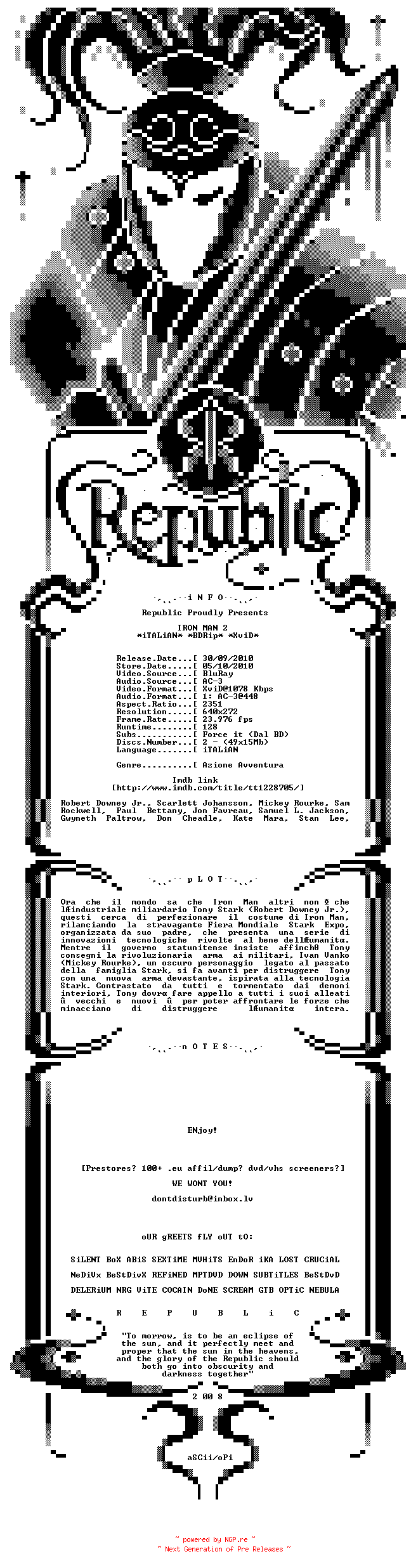 NFO for the release Iron.Man.2.2010.iTALiAN.BDRip.XviD-Republic by Republic