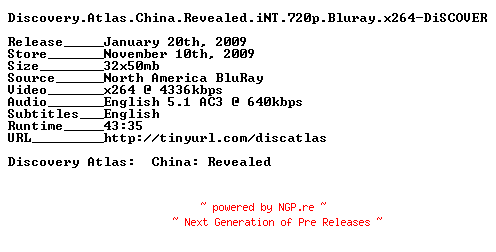 NFO for the release Discovery.Atlas.China.Revealed.iNT.720p.Bluray.x264-DiSCOVER by DiSCOVER