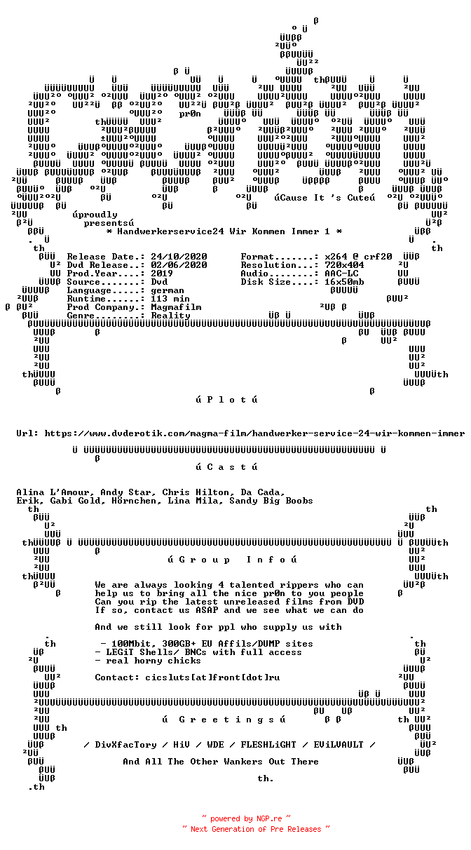 NFO for the release Handwerkerservice24.Wir.Kommen.Immer.1.German.XXX.DVDRip.x264-CiCXXX by CiCXXX