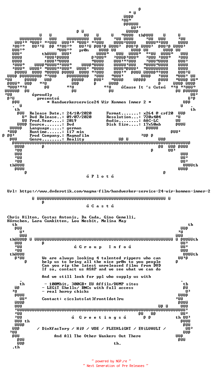 NFO for the release Handwerkerservice24.Wir.Kommen.Immer.2.German.XXX.DVDRip.x264-CiCXXX by CiCXXX