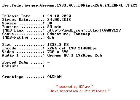 NFO for the release Der.Todesjaeger.German.1983.AC3.BDRip.x264.iNTERNAL-SPiCY by SPiCY