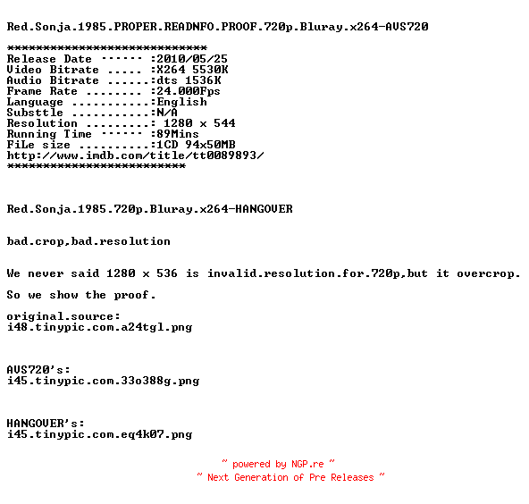 NFO for the release Red.Sonja.1985.PROPER.READNFO.PROOF.720p.Bluray.x264-AVS720 by AVS720