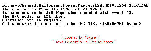 NFO for the release Disney.Channel.Halloween.House.Party.2020.HDTV.x264-SUiCiDAL by SUiCiDAL